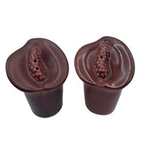 Vintage Burgundy Calla Lily Ceramic Salt & Pepper Shakers With Cork Stoppers